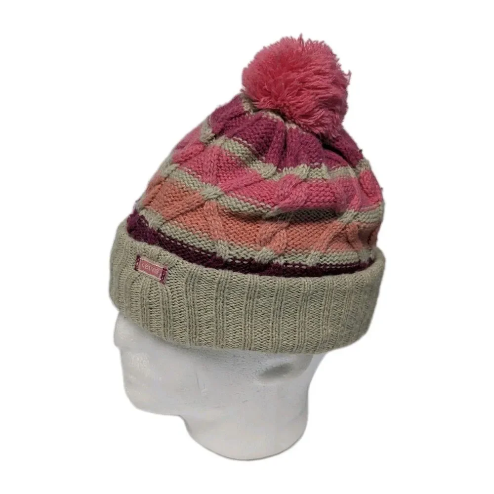 Levi's Beanie Hat Stripes Youth 7-16 Cable Knit Pinks & Beige Pom Pom Ribbed